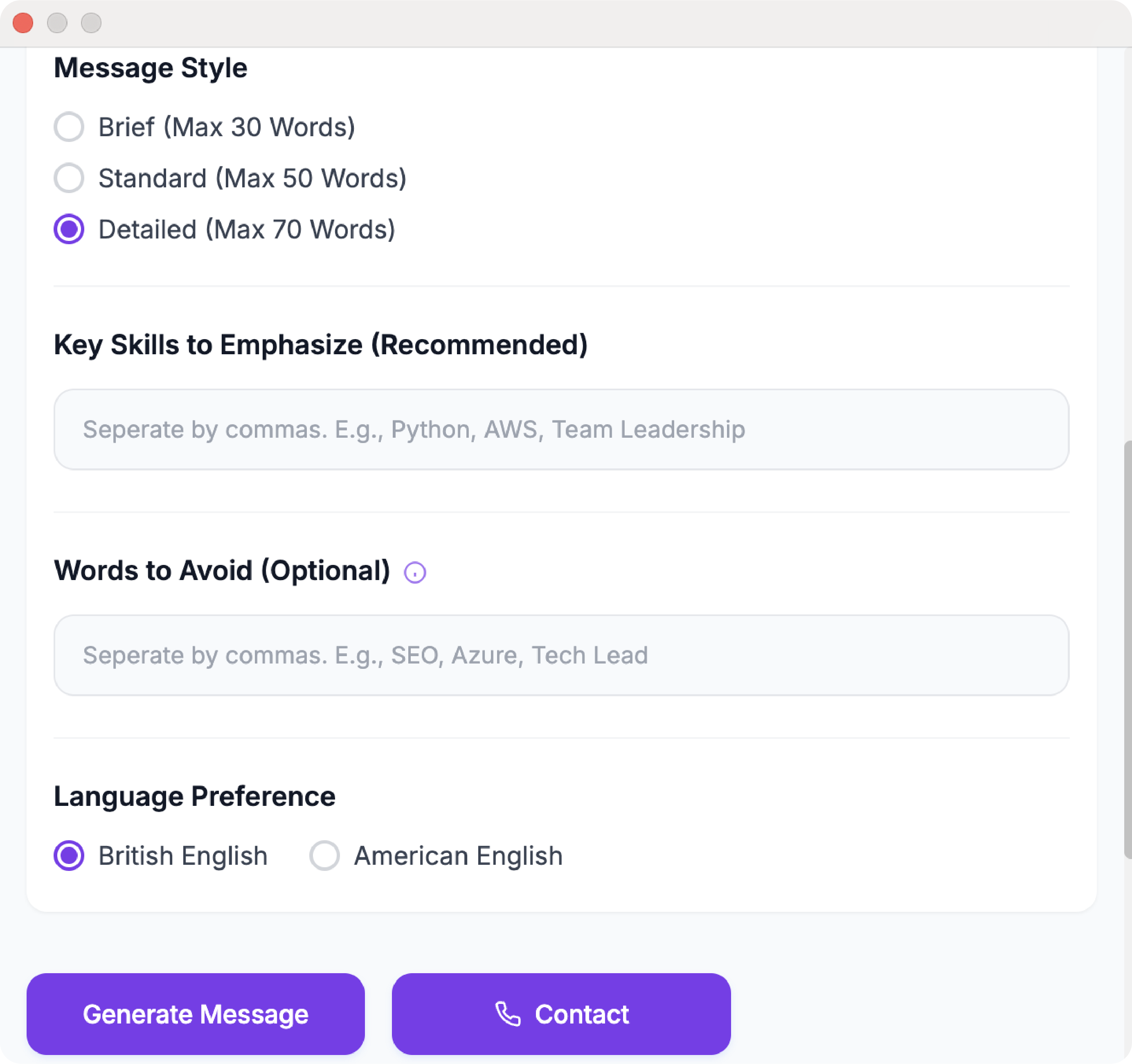 Message Settings Interface